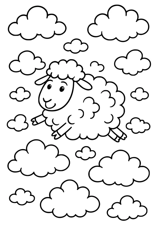 Free Sheep Coloring Page - Fluffy Jumper in the Cloudy Sky (Printable PDF)