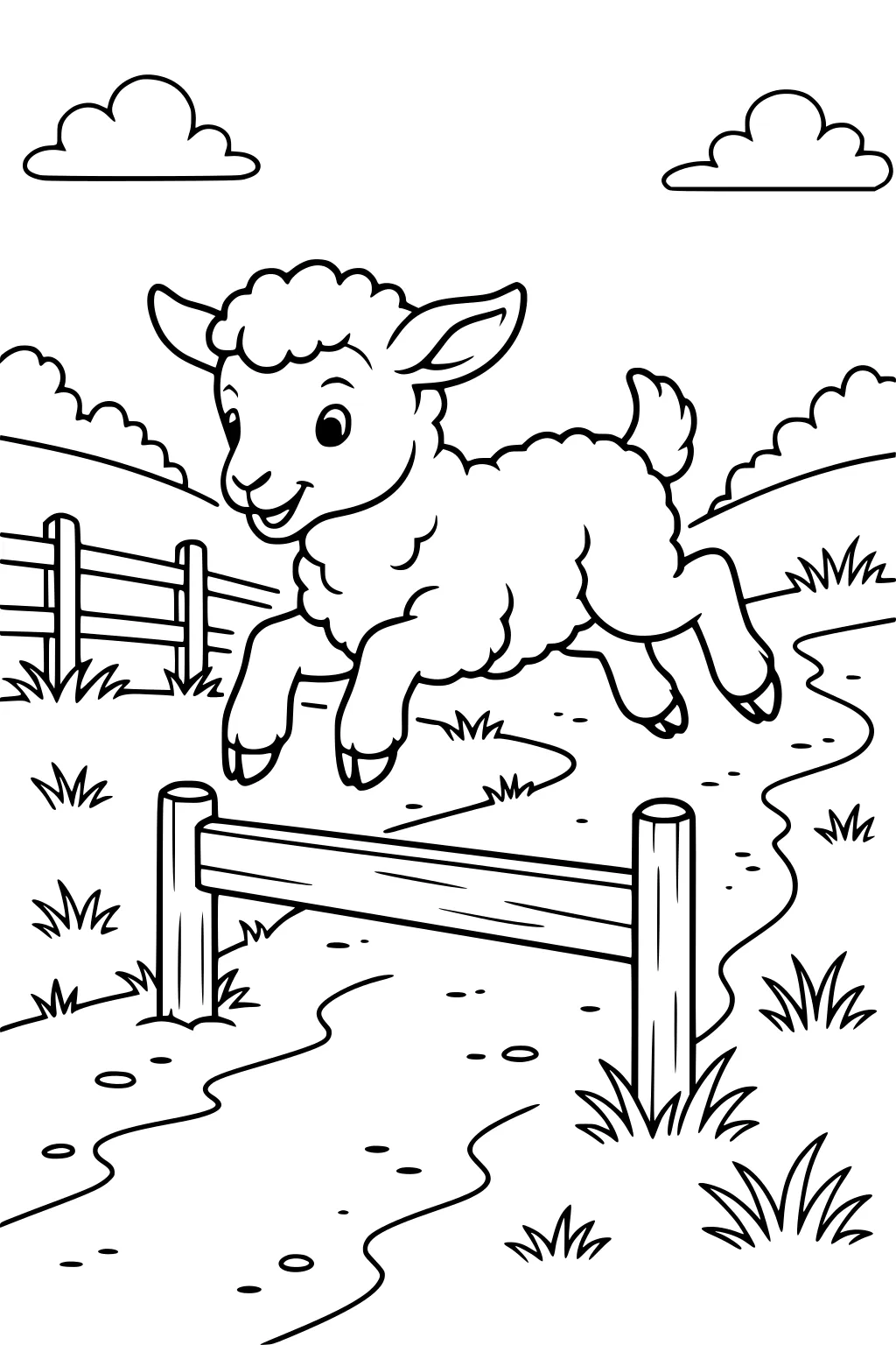 A lamb jumps over a wooden fence on a winding path, surrounded by grassy hills, a fence, and clouds in the sky.