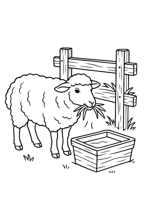 Free Sheep Coloring Page - Woolly Sheep Eating Hay by Fence (Printable PDF)