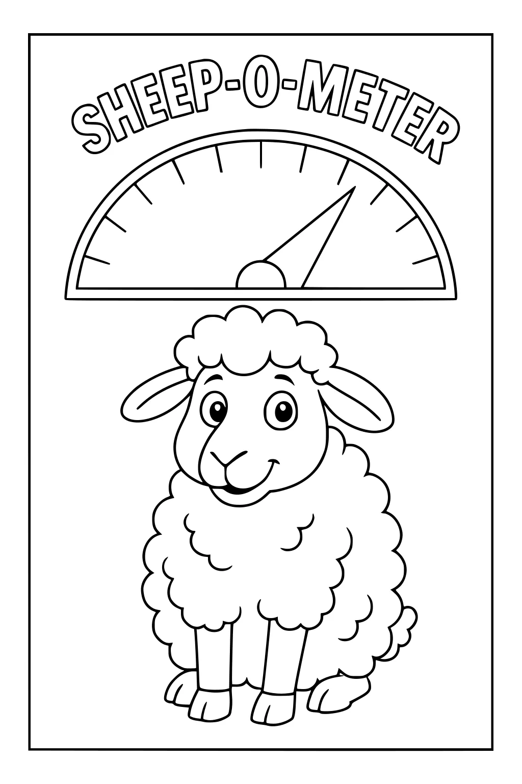Cartoon sheep sitting under a Sheep-O-Meter gauge with a big dial and bold letters at the top.