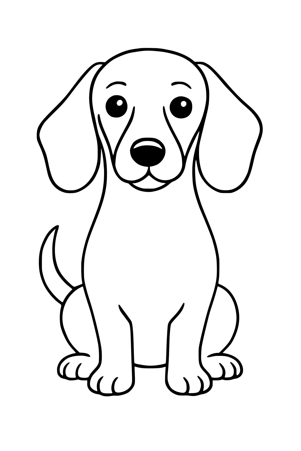 Cartoon dog with floppy ears sitting, looking forward, big round nose, four paws, and a curved tail.
