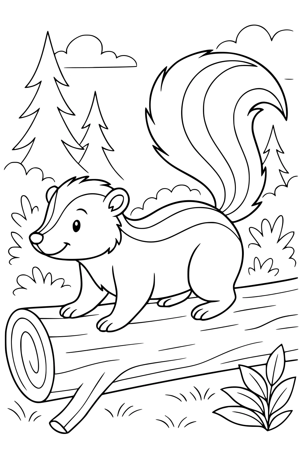 Smiling skunk with bushy tail standing on a forest log with trees, grass, and clouds in the background.