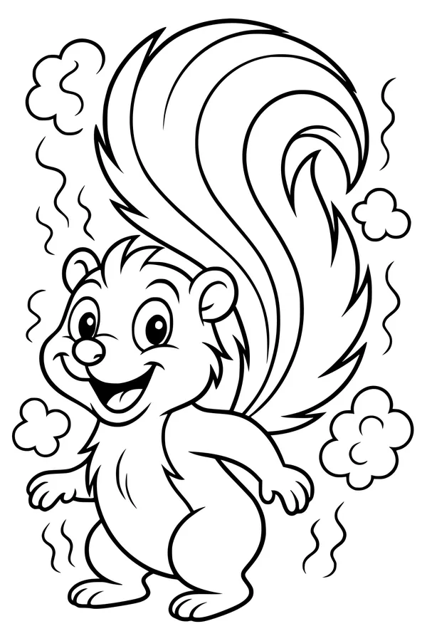 Free Skunk Coloring Page - Funny Skunk With Fluffy Tail and Stinky Clouds (Printable PDF)