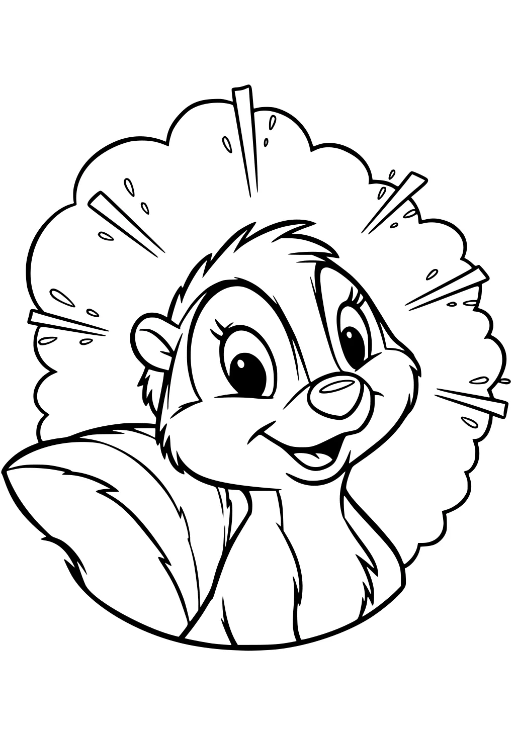 Cartoon skunk girl smiling with big eyes and fluffy tail surrounded by a rounded cloud burst.