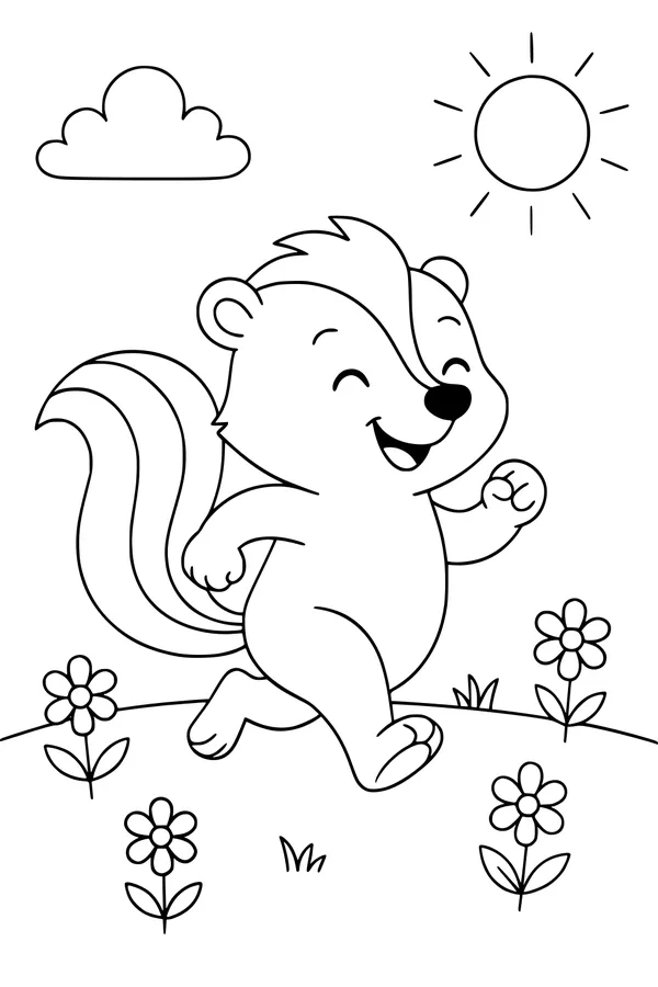 Free Skunk Coloring Page - Happy Skunk on Sunny Flower Hill (Printable PDF)