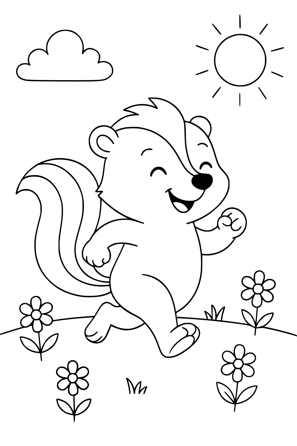 Happy skunk with a striped tail skipping among flowers on a grassy hill, sun and a single cloud in the sky.