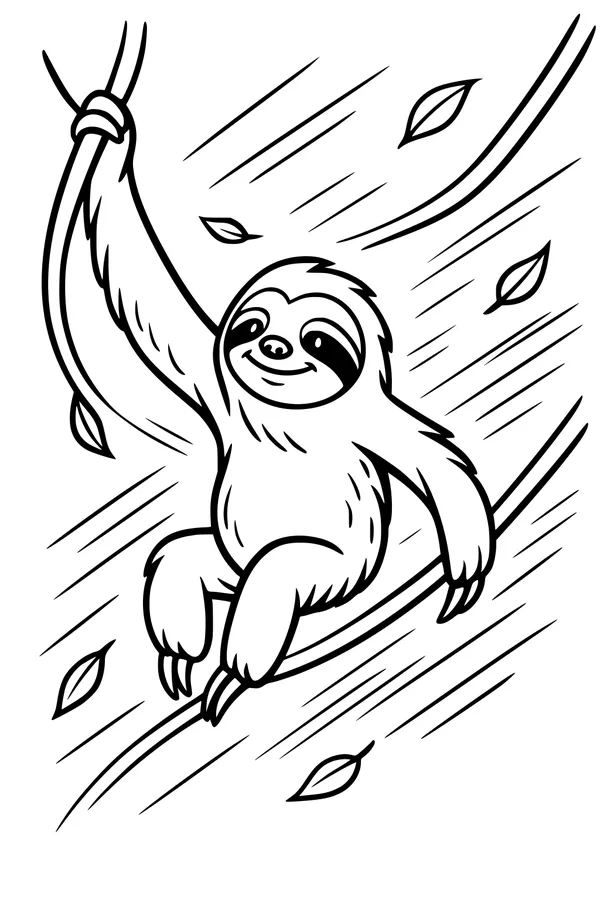 Free Sloth Coloring Page - Smiling Sloth Swinging on a Jungle Vine (Printable PDF)