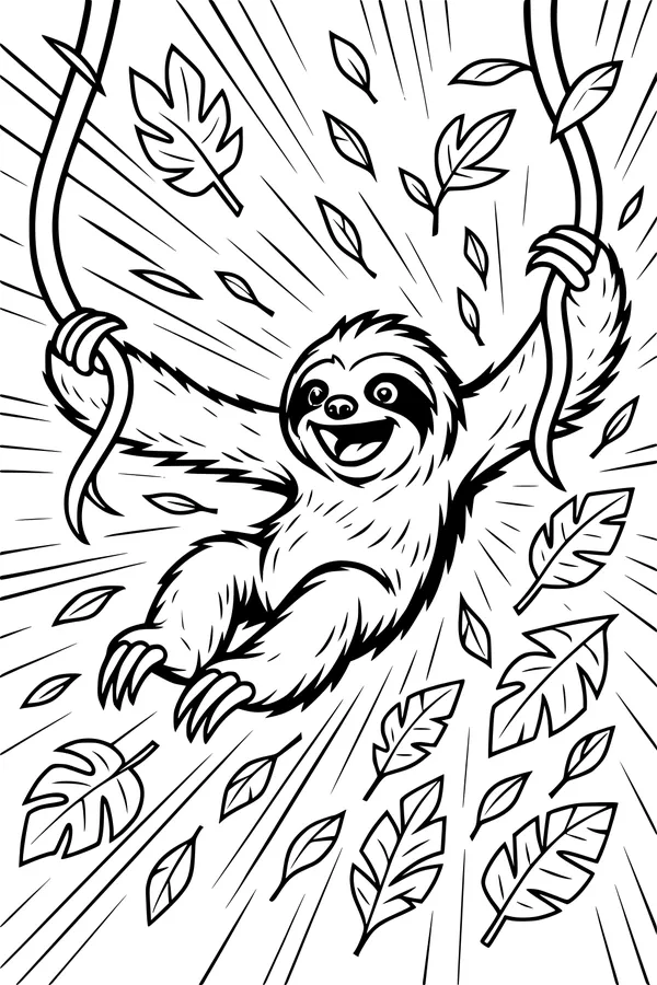 Free Sloth Coloring Page - Swinging In Swirling Jungle Leaves (Printable PDF)