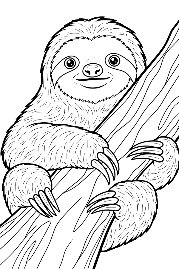 Free Sloth Coloring Page - Smiling Sloth Hanging From Tree (Printable PDF)