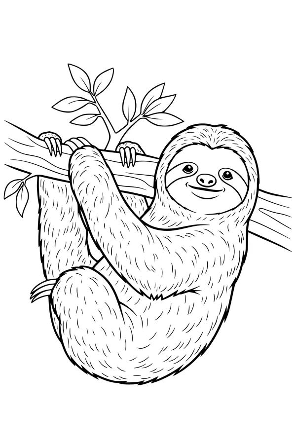 Free Sloth Coloring Page - Smiling Sloth on Tree Branch (Printable PDF)