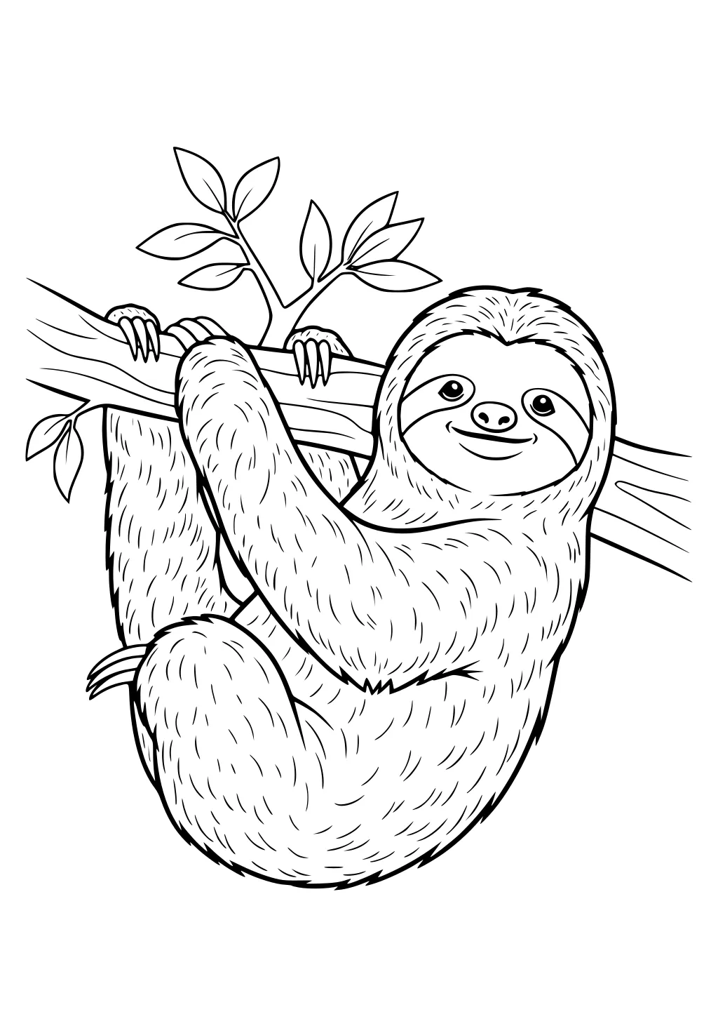 A happy sloth hangs upside down from a branch with leafy stems, showing shaggy fur and a big smiling face.