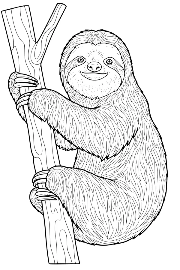 Free Sloth Coloring Page - Smiling Tree Hugger in the Rainforest (Printable PDF)