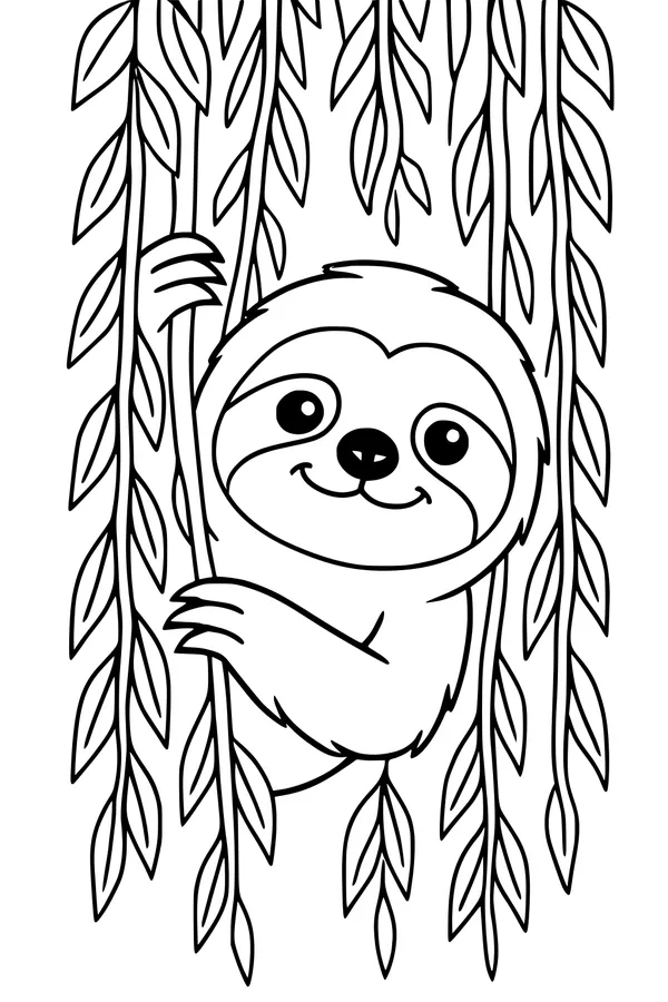 Free Sloth Coloring Page - Smiling Sloth in Leafy Jungle Vines (Printable PDF)