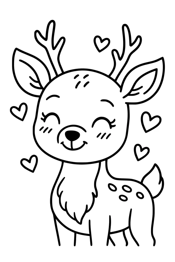 Free Deer Coloring Page - Smiling Baby Deer With Hearts (Printable PDF)