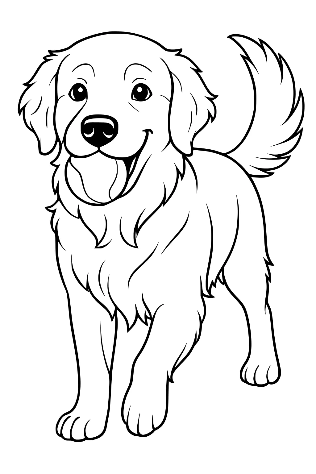 Smiling shaggy dog with tongue out and bushy tail, trotting forward with ears flopping and paws in motion.
