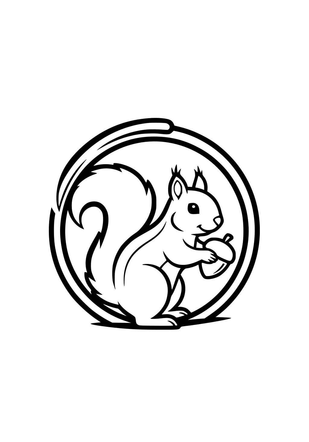 Cartoon squirrel with big tail and an acorn, sitting inside a thick outlined circle.