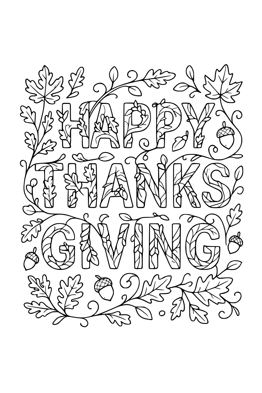 Happy Thanksgiving hand lettering with patterned letters, oak leaves, curling vines, and acorns in a fall line-art design.