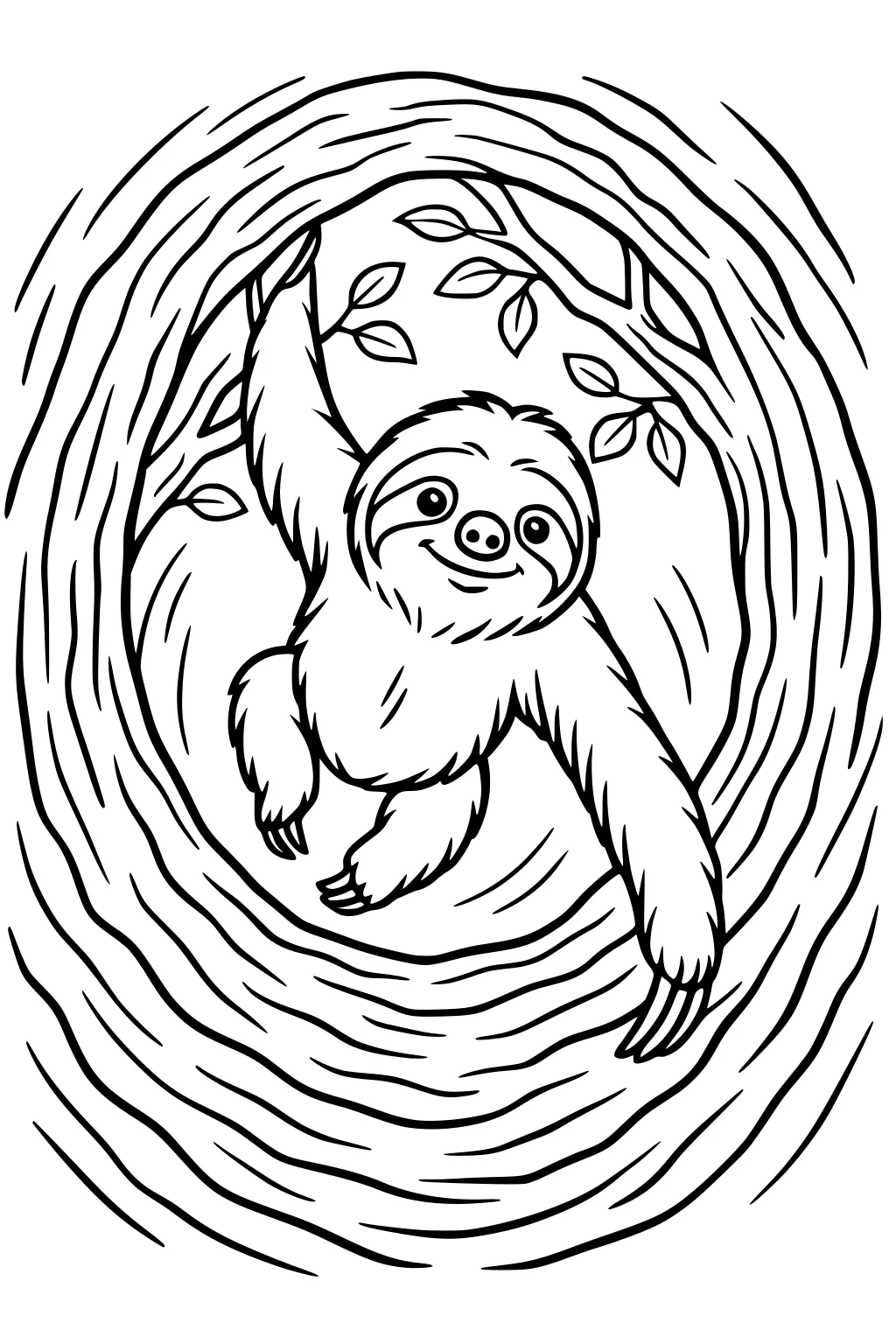 A sloth hangs from a tree branch with leaves inside a round tree hollow, smiling with big eyes and furry arms.