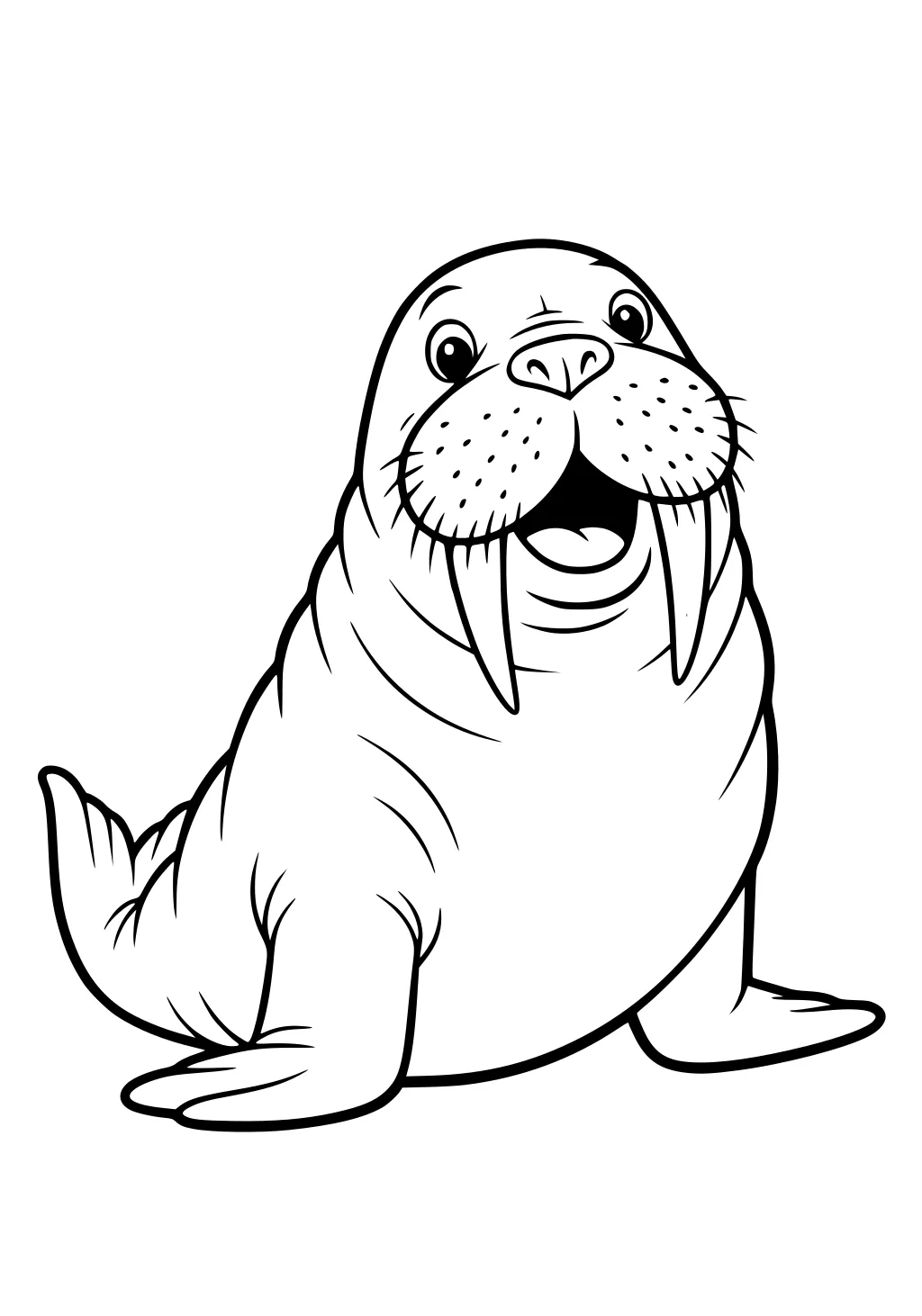 Cartoon walrus with large tusks, spotted nose, open mouth, and wide flippers, sitting and smiling forward.