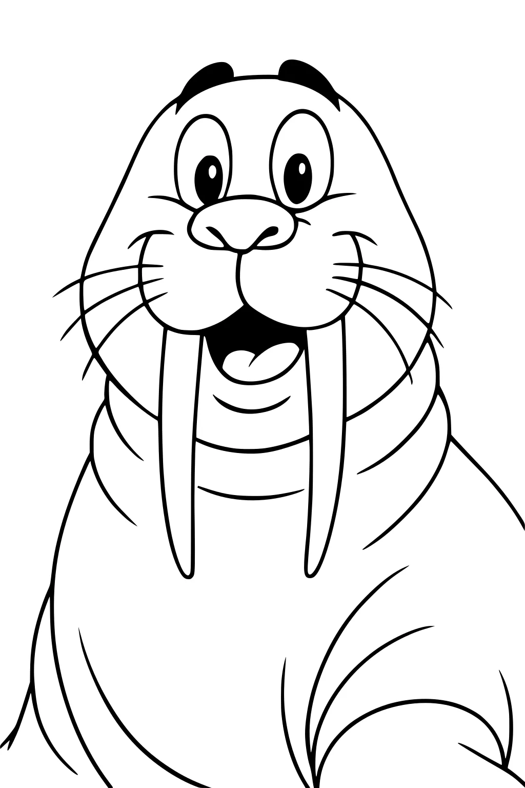 Cartoon walrus with long tusks, big eyes, whiskers, and a happy expression sitting upright.