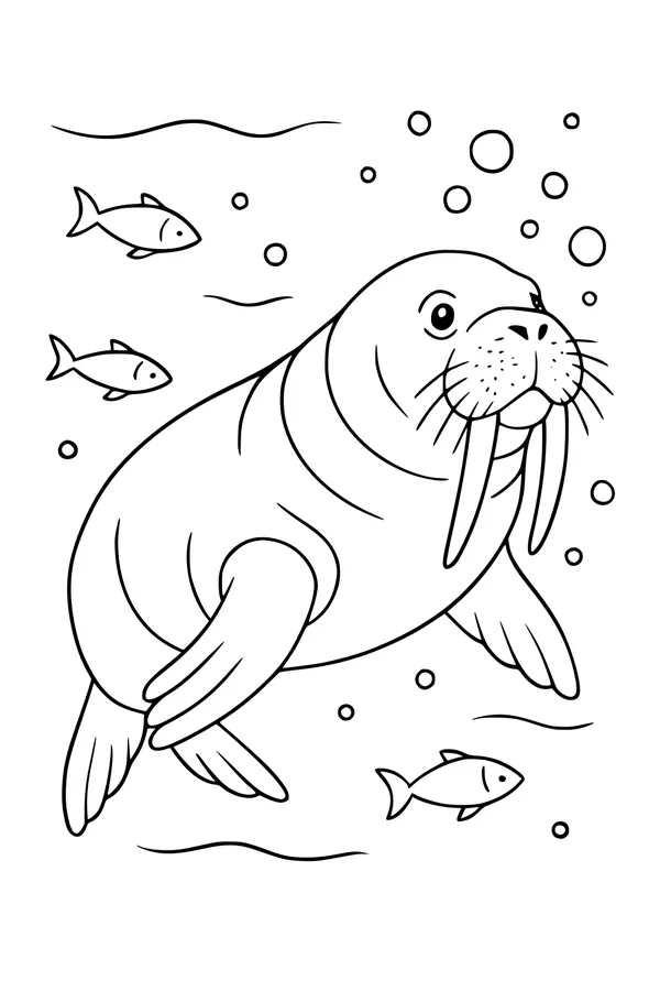 Free Walrus Coloring Page - Underwater Swim With Fish (Printable PDF)
