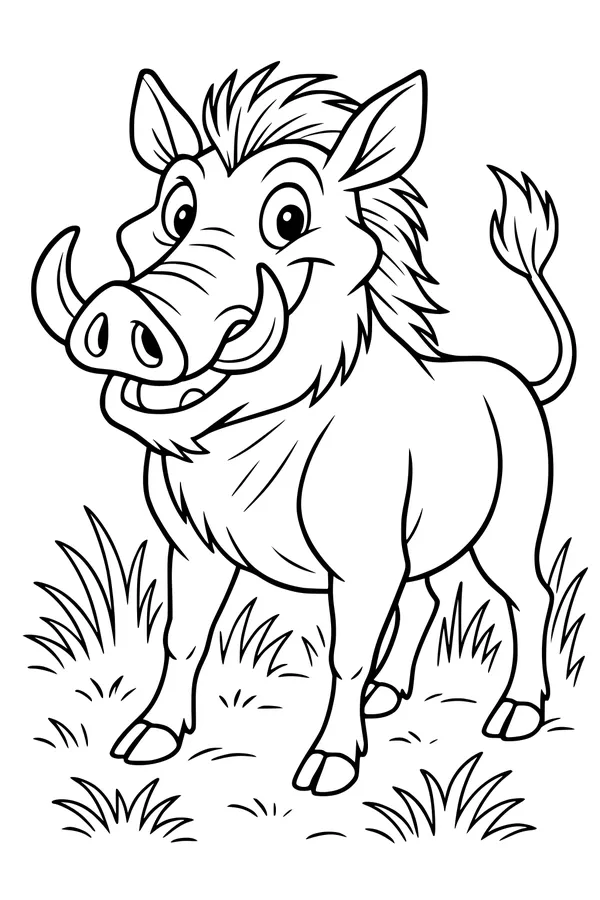 Free Warthog Coloring Page - Smiling Cartoon in Tall Grass (Printable PDF)