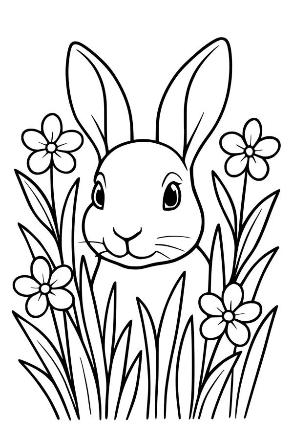 Free Hare Coloring Page - Cute Spring Flowers Scene (Printable PDF)