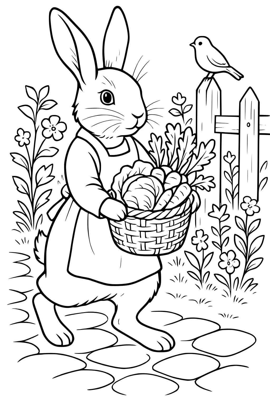 Girl hare in apron holding basket of vegetables, standing on garden path with flowers and a bird perched on a wooden fence.