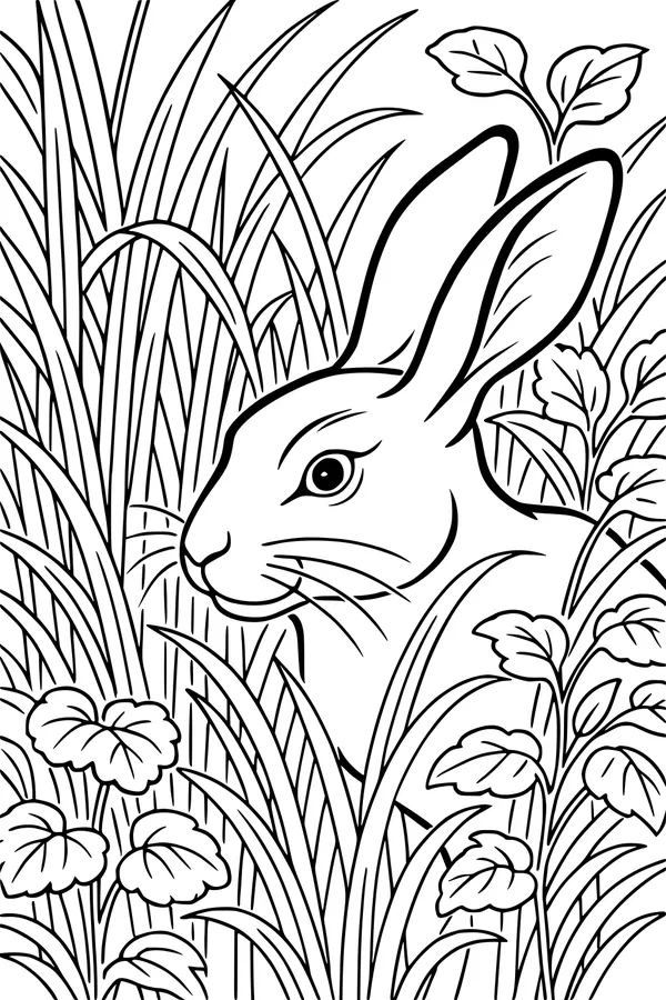 Free Hare Coloring Page - Meadow Hare Among Tall Grass (Printable PDF)