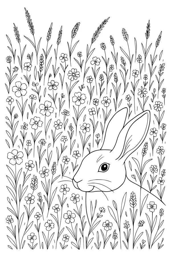 Free Hare Coloring Page - Hiding in Wildflowers Meadow (Printable PDF)