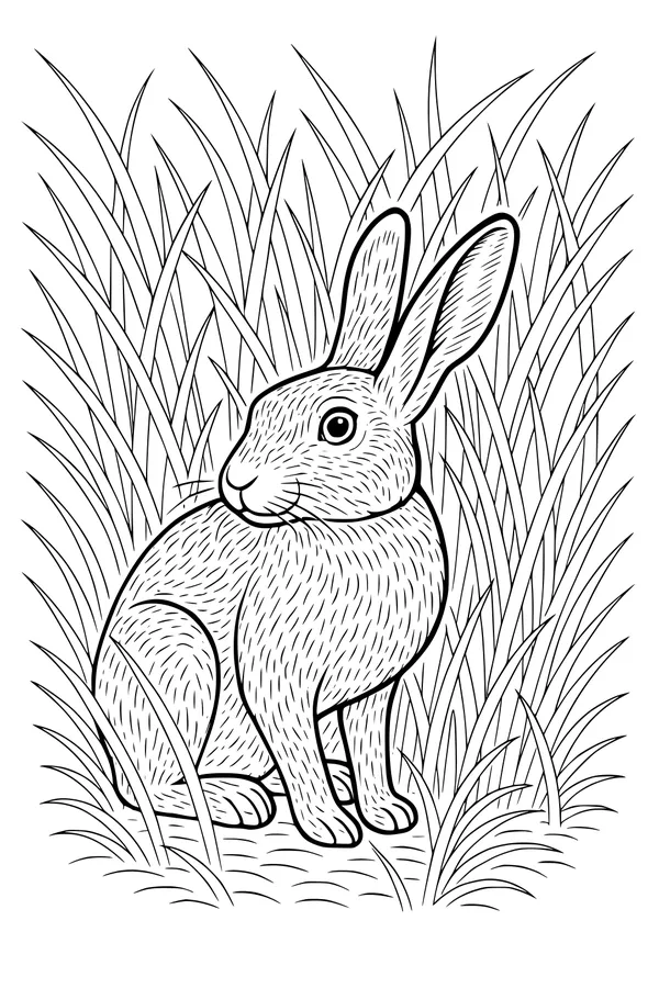 Free Hare Coloring Page - Alert Hare in Tall Grass (Printable PDF)
