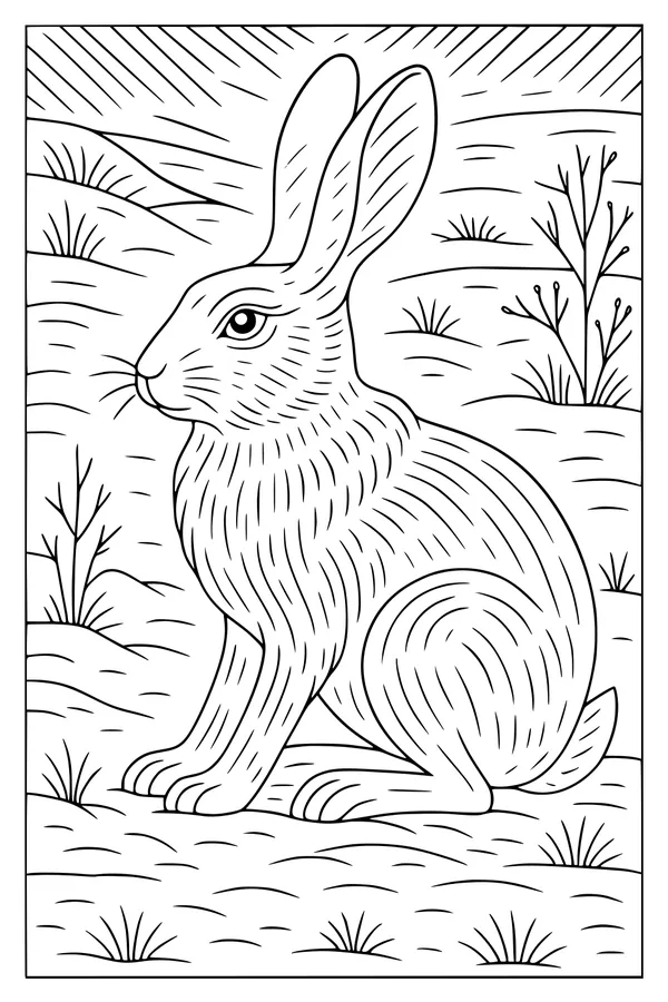 Free Hare Coloring Page - Alert Hare in Sunny Meadow (Printable PDF)