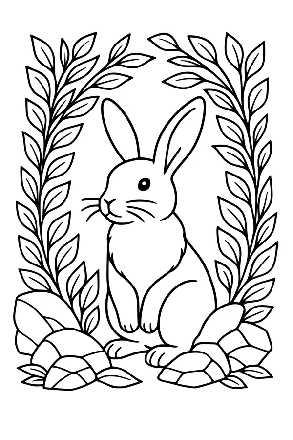 Free Hare Coloring Page - Sitting Among Leafy Rocks (Printable PDF)