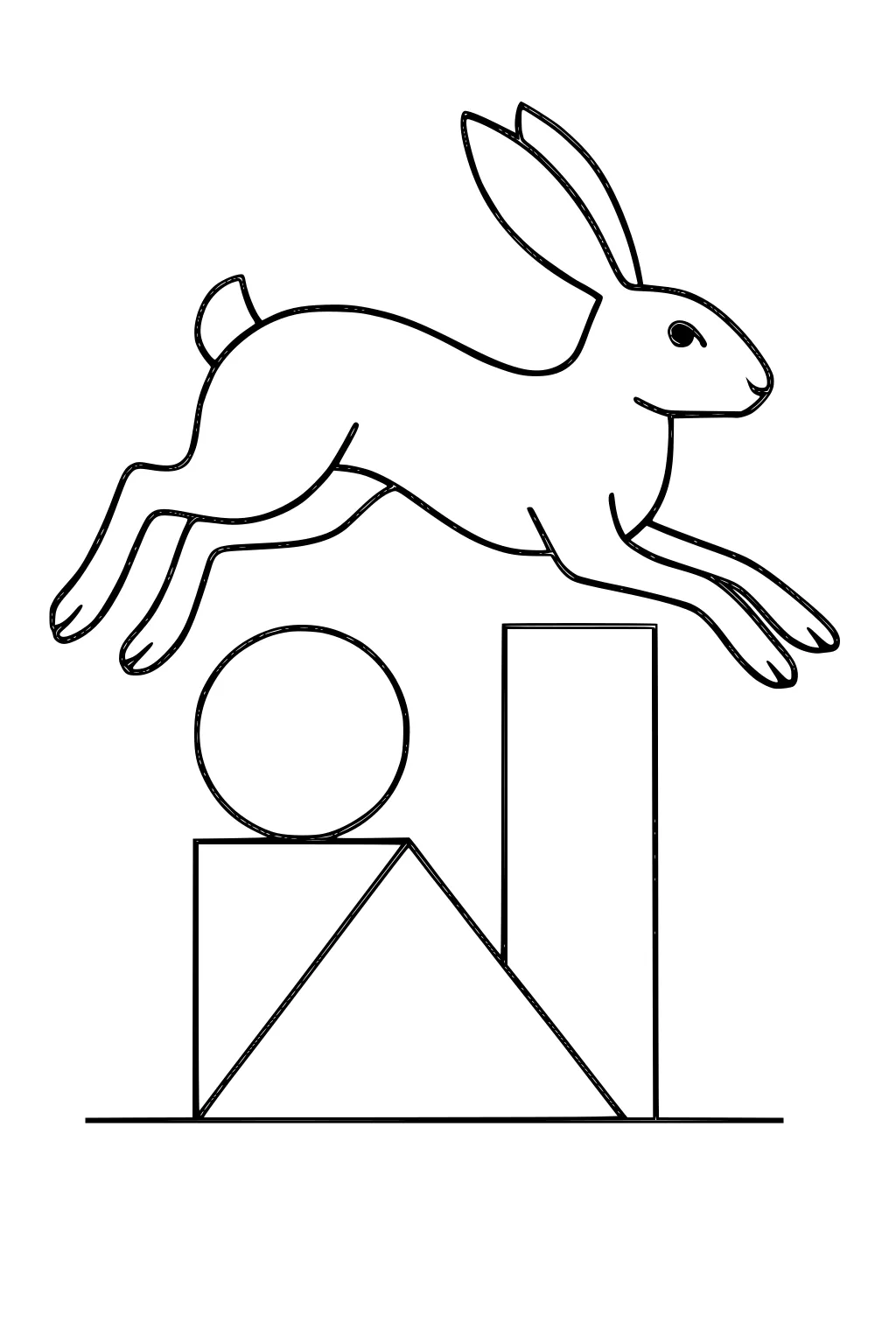 A hare leaps over stacked geometric shapes including a triangle, circle, square, and rectangle, drawn with clear outlines.