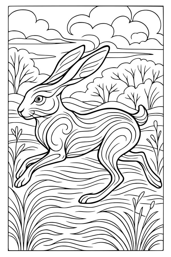 Free Hare Coloring Page - Running Through a Breezy Meadow (Printable PDF)