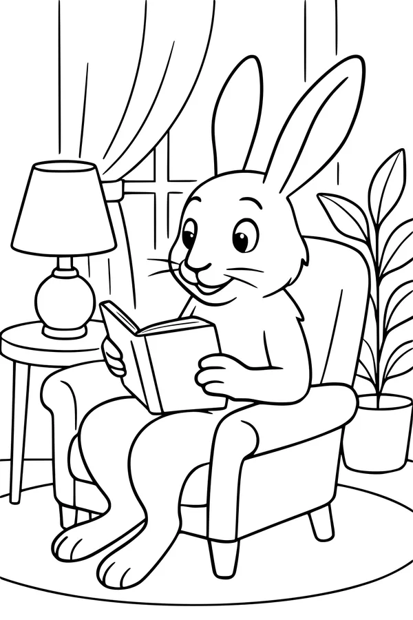 Free Hare Coloring Page - Cozy Storytime in an Armchair (Printable PDF)