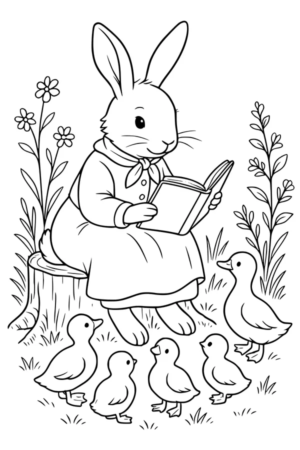 Free Hare Coloring Page - Storytime With Ducklings in the Meadow (Printable PDF)
