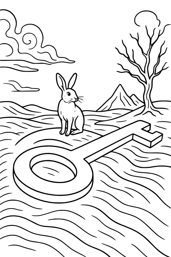 Free Hare Coloring Page - Sitting on a Giant Meadow Key (Printable PDF)