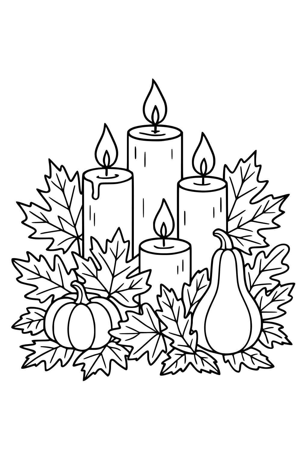 Four candles with flames, maple leaves, a pumpkin left, and a pear-shaped gourd right, arranged as a fall centerpiece.
