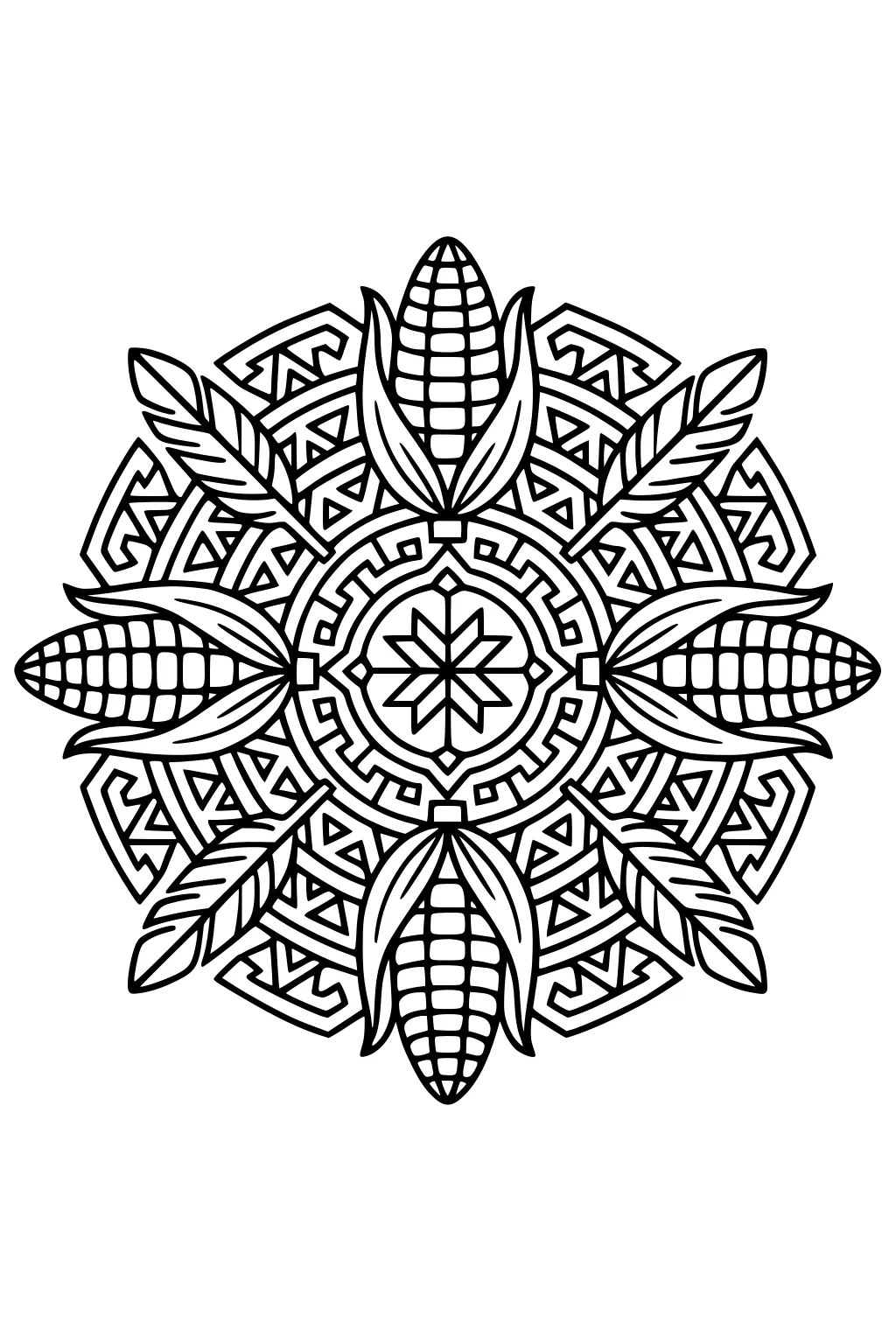 Fall mandala with four corn cobs, curled husks, long leaves, and layered geometric rings around a central eight-point star.