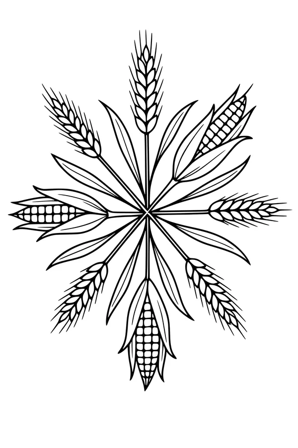 Free Harvest Mandala Coloring Page - Corn and Wheat Star Design (Printable PDF)