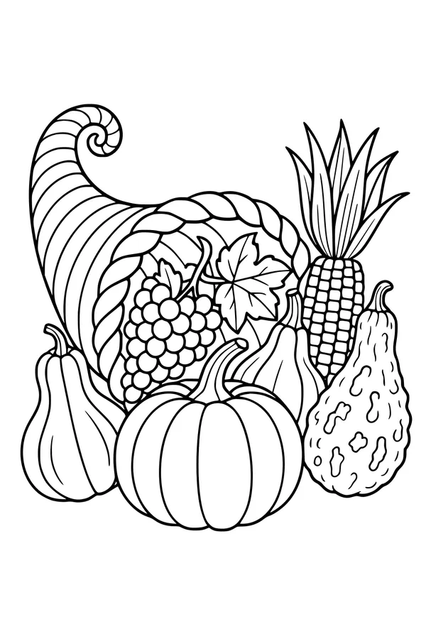 Free Cornucopia Coloring Page - Harvest Horn With Pumpkin and Gourds (Printable PDF)