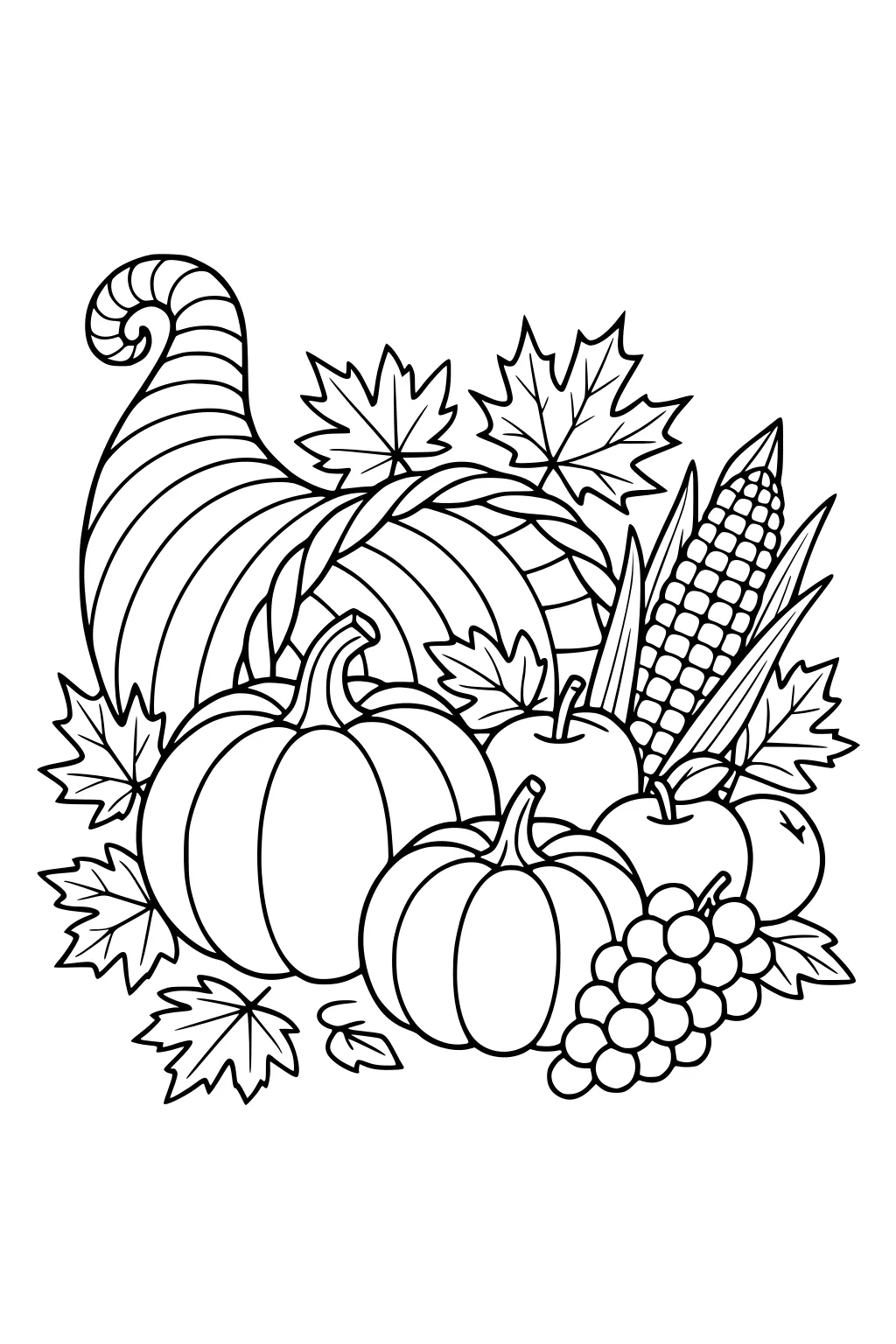 Thanksgiving cornucopia overflowing with pumpkins, apples, grapes, an ear of corn, and maple leaves in a harvest pile.