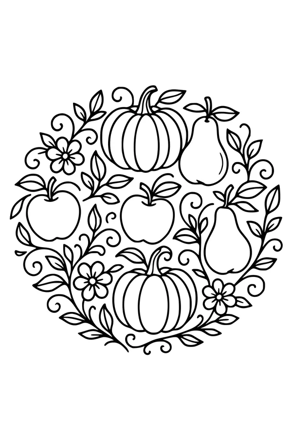 Free Harvest Wreath Coloring Page - Pumpkins, Apples, and Pears (Printable PDF)