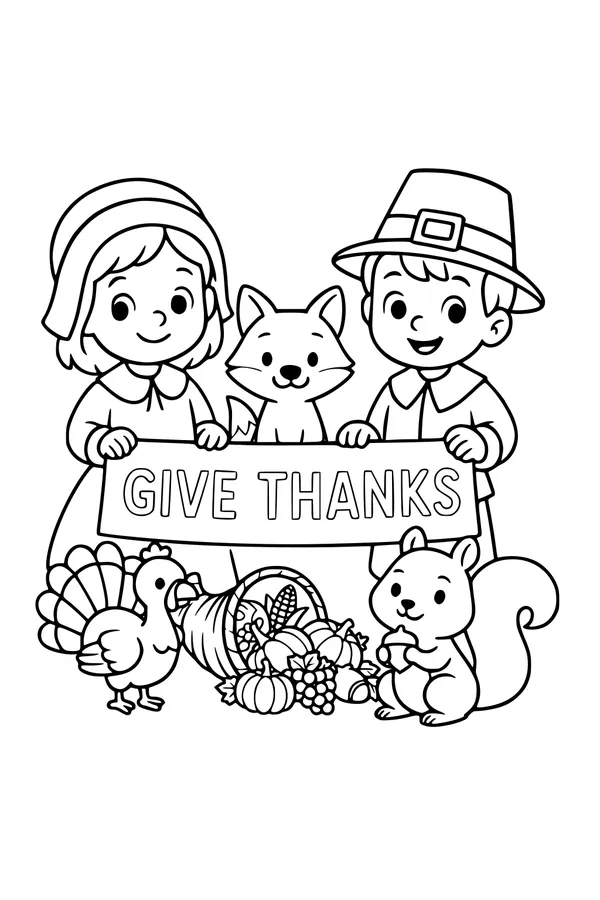 Free Thanksgiving Coloring Page - Pilgrim Kids With Harvest Friends (Printable PDF)