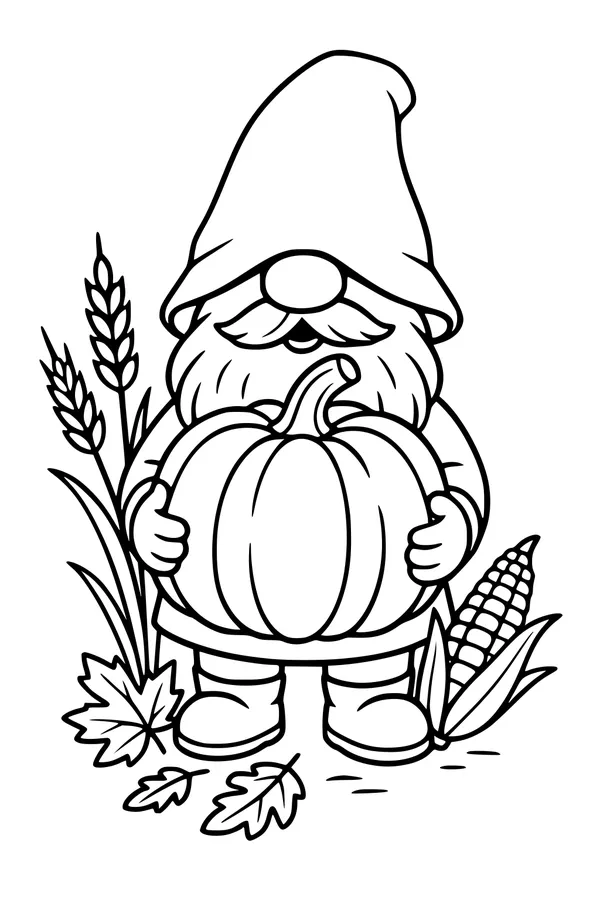 Free Gnome Coloring Page - Harvest Dwarf with Big Pumpkin (Printable PDF)