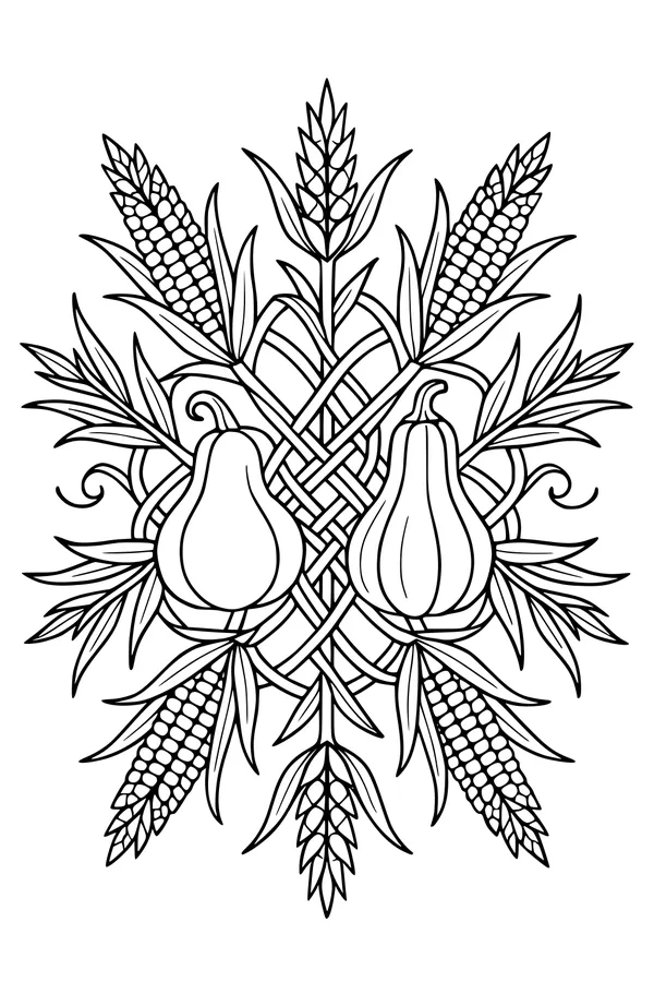 Free Harvest Wreath Coloring Page - Gourds, Wheat, and Corn (Printable PDF)