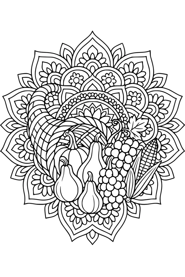 Free Cornucopia Coloring Page - Harvest Horn Mandala Design (Printable PDF)