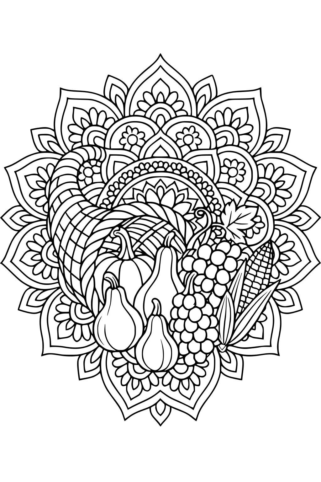 Cornucopia with pumpkins, gourds, grapes, and corn on a detailed floral mandala background, black-and-white line art.
