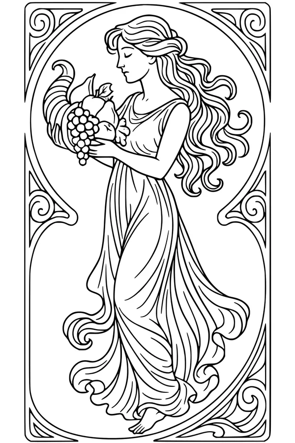 Free Harvest Lady Coloring Page - Cornucopia and Art Nouveau Frame (Printable PDF)